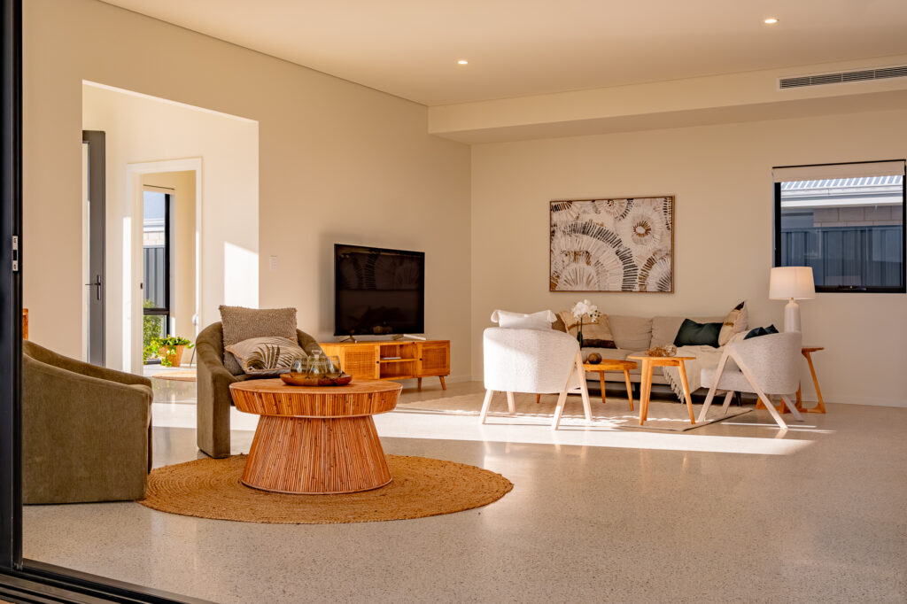 Living room with a round timber coffee table