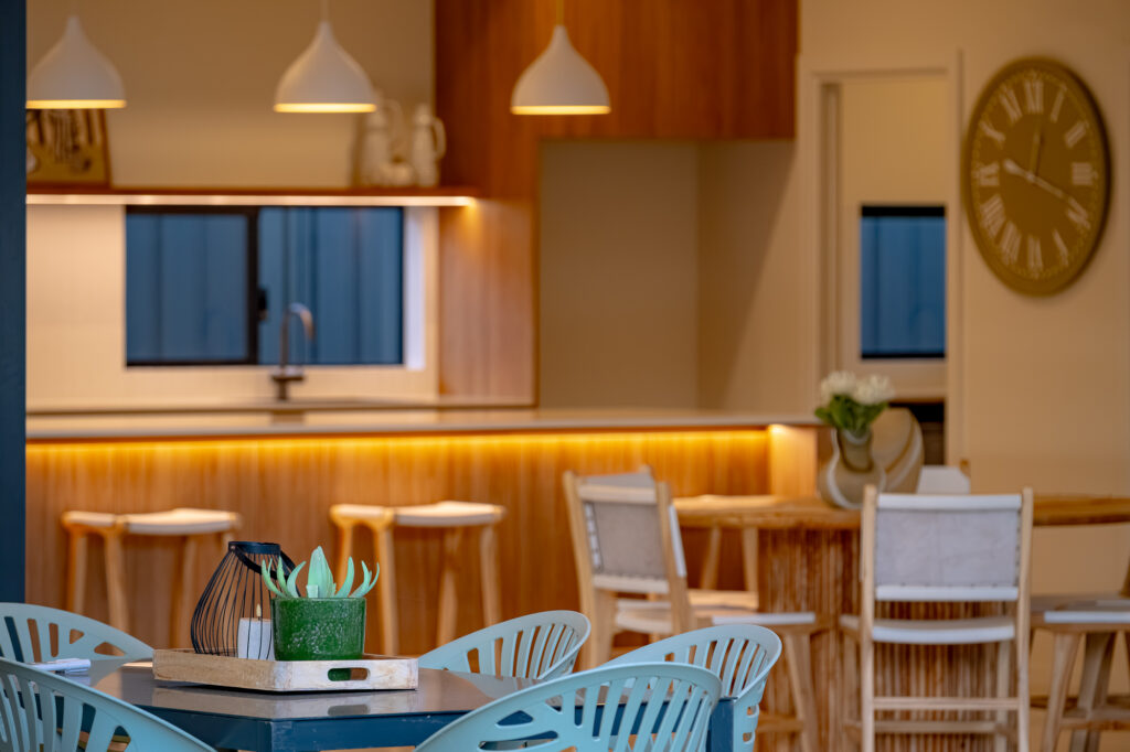 Kitchen and dining area with pendant lights